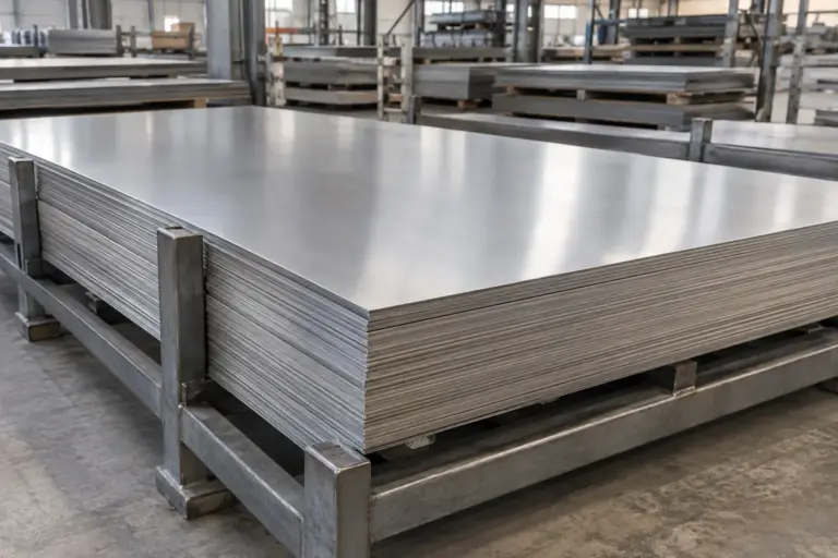 A neat stack of bright silver-grey nickel alloy metal sheets on a steel rack in a calm metal warehouse