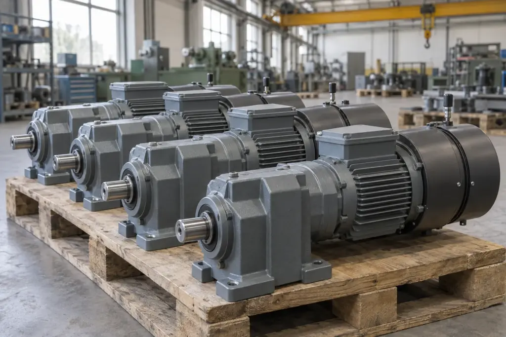 Plusieurs motoréducteurs industriels identiques avec freins alignés sur une palette dans un atelier propre, une poutre de pont roulant à l'arrière-plan flou