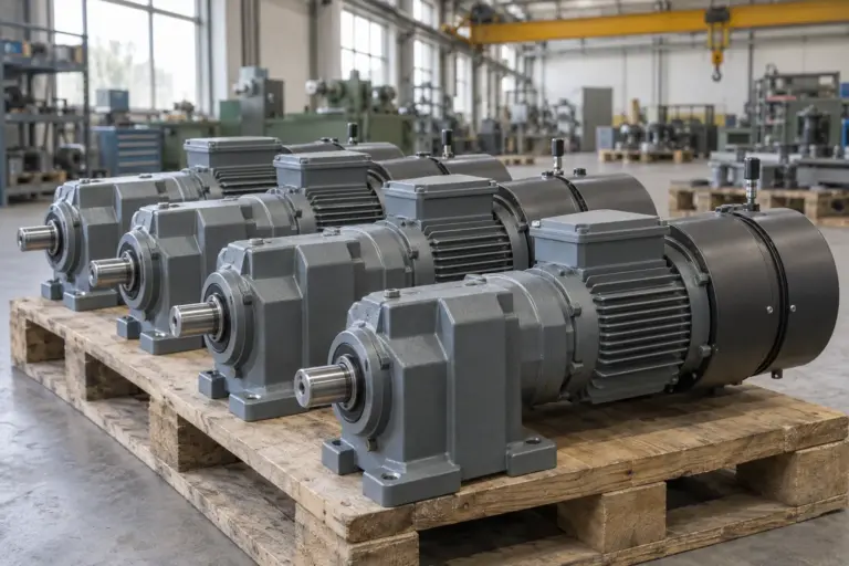 Several identical industrial geared motors with brake units lined up on a pallet in a clean workshop, an overhead crane girder in the blurred background