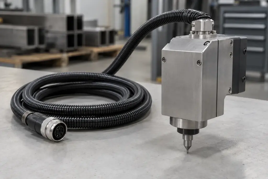 Tête de marquage industrielle pour produits en acier, son câble de raccordement flexible enroulé à côté, sur une surface gris clair