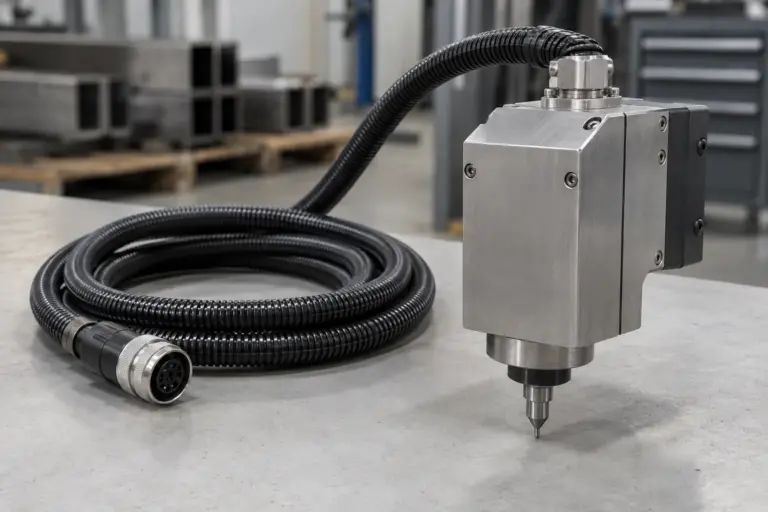 An industrial marking head for steel products with its flexible connection cable coiled beside it on a light grey surface