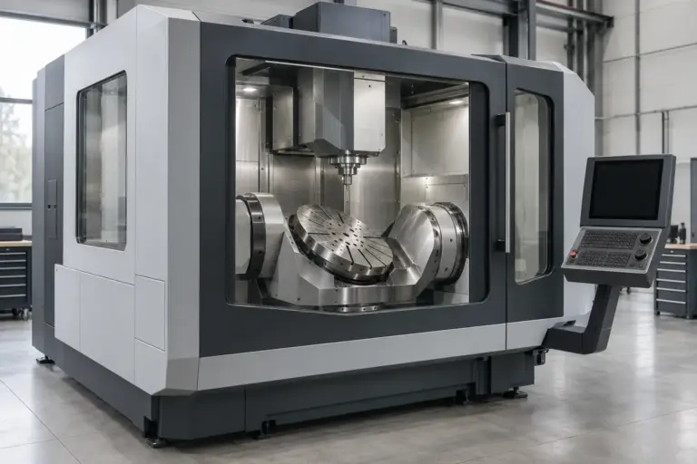 A modern enclosed 5-axis CNC machining centre with a swivelling rotary table, standing in a clean machine hall
