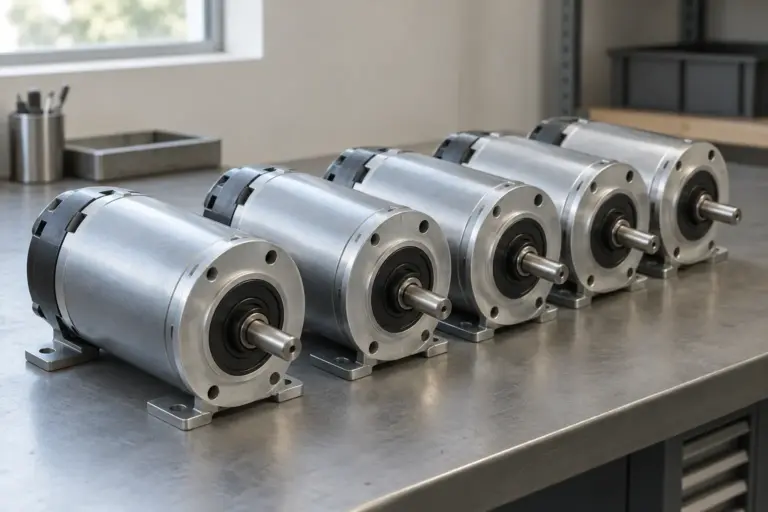 A row of identical compact 24-volt electric motors with rubber seals and metal covers laid out on a clean workbench