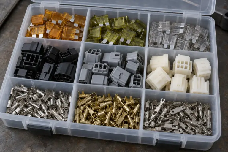 Assorted automotive blade fuses, plastic connector housings and crimp contacts neatly sorted in a compartment box