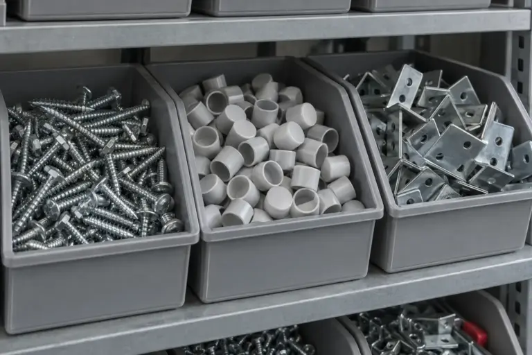Steel screws, plastic protective caps and small metal brackets sorted into labelled-free bins on a shelf