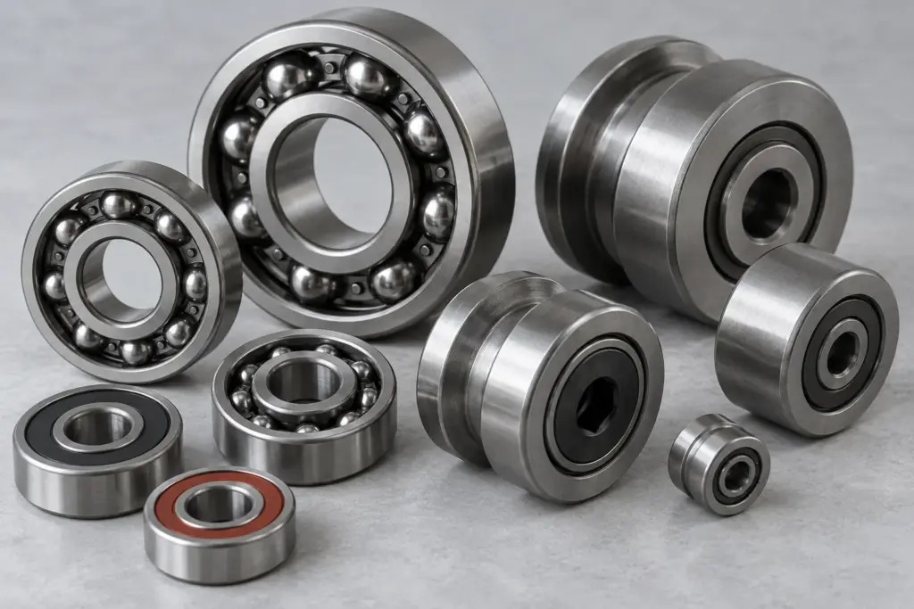 Several rolling bearings and track rollers of different sizes arranged on a light grey surface