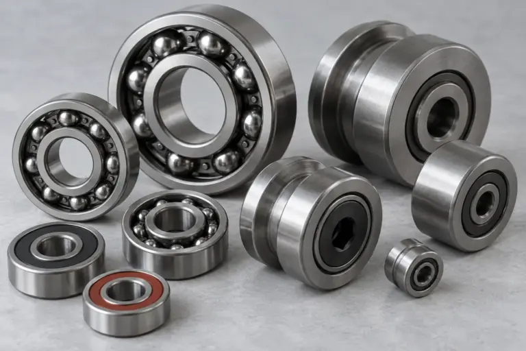 Several rolling bearings and track rollers of different sizes arranged on a light grey surface