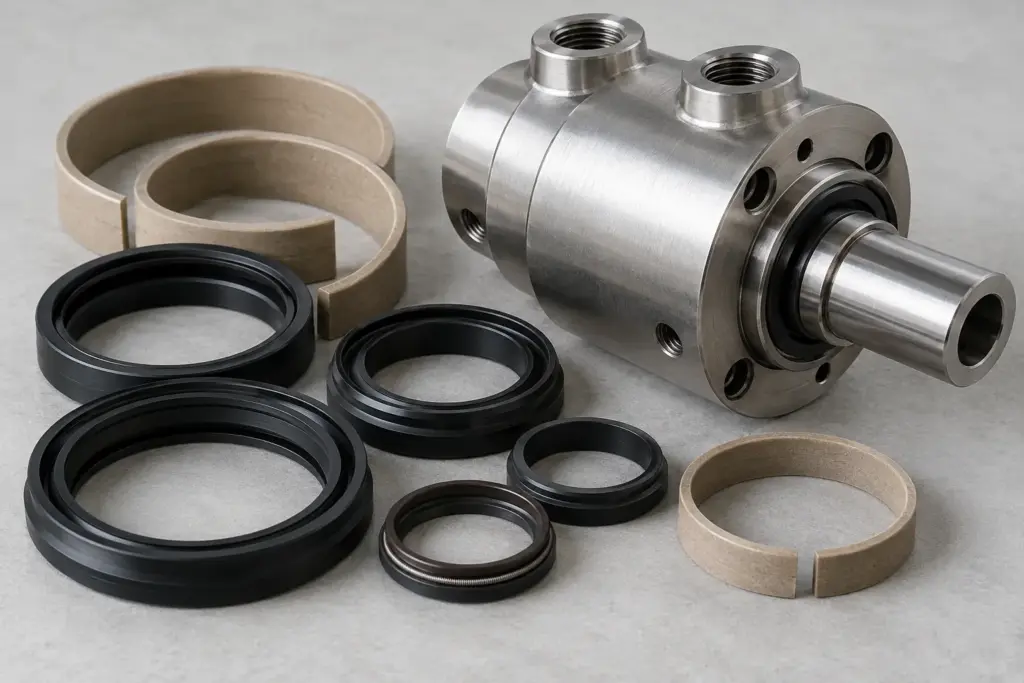 Kit de juntas para cilindro hidráulico con juntas de vástago, rascadores y anillos guía junto a una junta rotativa sobre una superficie gris claro
