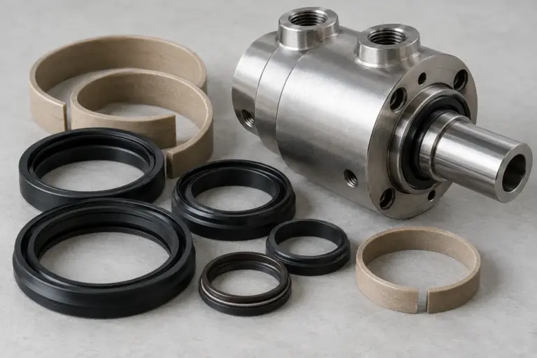 A hydraulic cylinder seal kit with rod seals, wipers and guide rings laid out next to a rotary union on a light grey surface