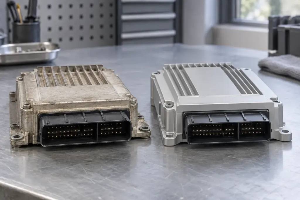Älteres elektronisches Industriemodul neben einem neueren Ersatzmodul ähnlicher Größe auf einer Werkbank
