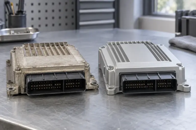 An old industrial electronic module next to a newer replacement module of similar size on a clean workbench