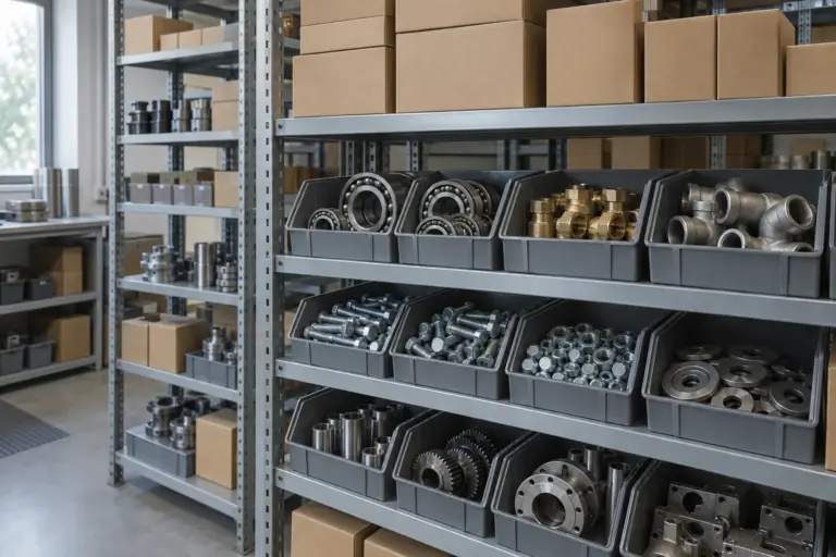 Neatly labelled spare part boxes on shelves in a tidy maintenance store room, labels without readable text