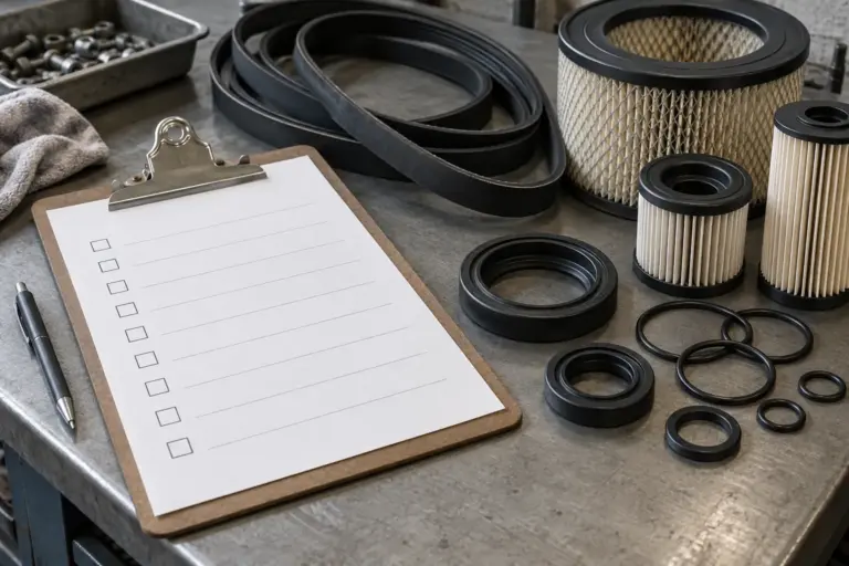 A clipboard with a blank maintenance checklist next to a set of wear parts such as belts, filters and seals on a workbench