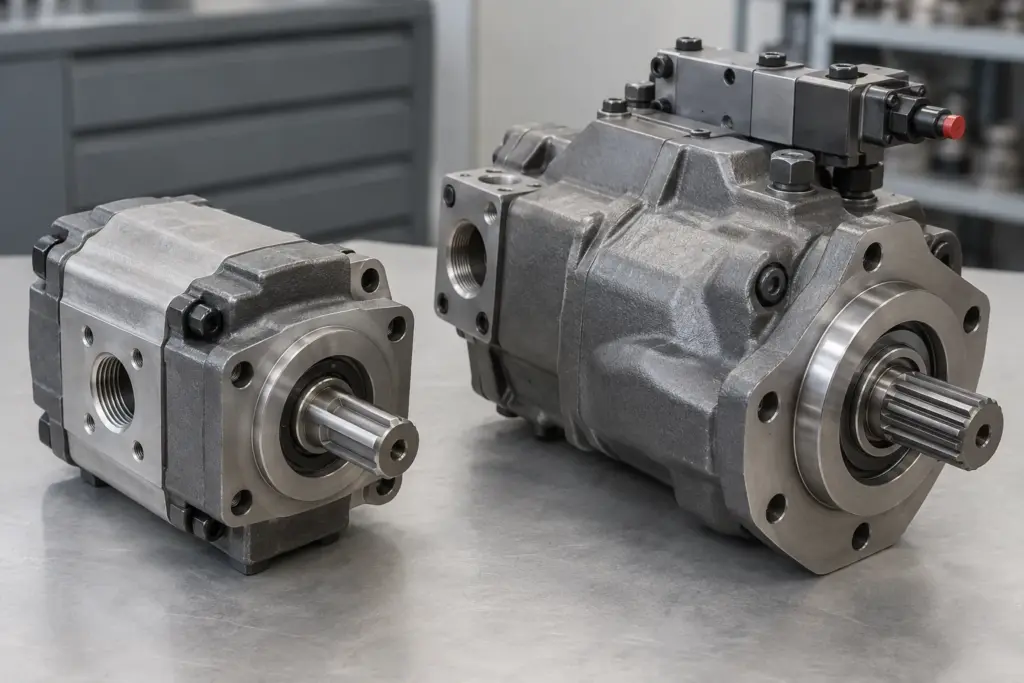 An industrial hydraulic gear pump and an axial piston pump side by side on a light grey surface