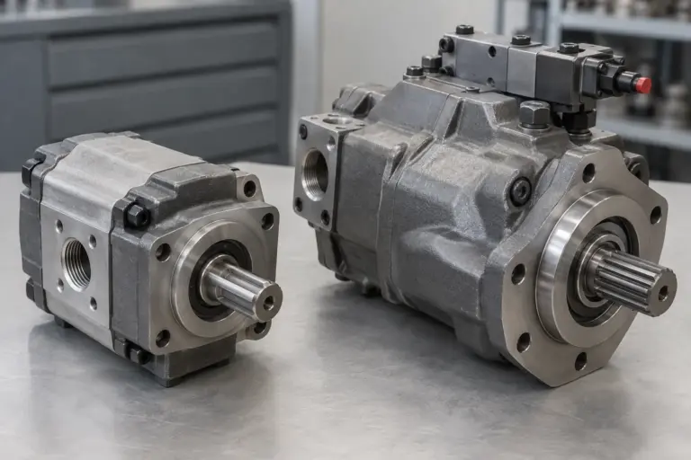 An industrial hydraulic gear pump and an axial piston pump side by side on a light grey surface