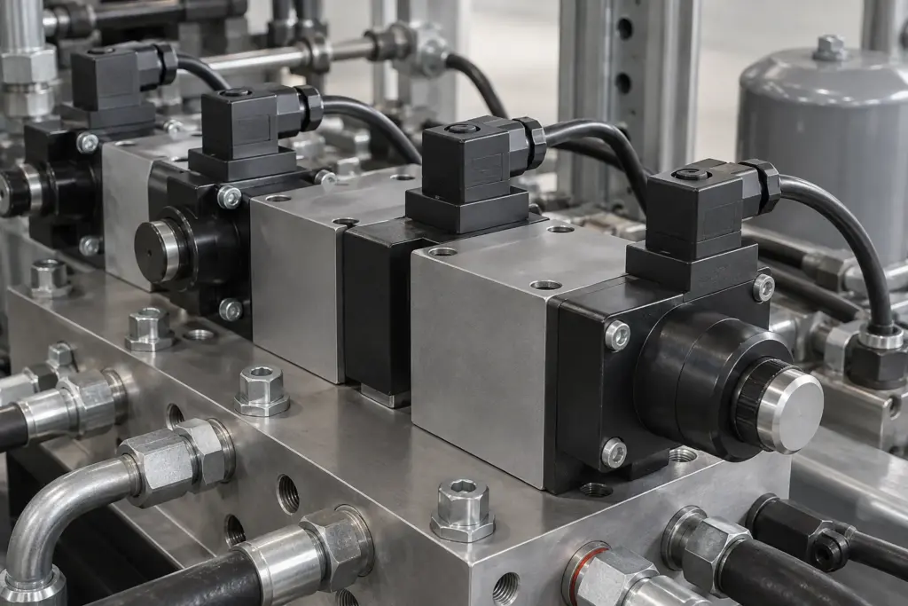Mehrere hydraulische Wegeventile mit Magnetspulen auf einer Stahl-Anschlussplatte