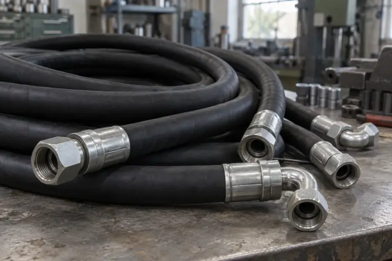 Coiled black hydraulic hoses with crimped steel fittings on a workbench, hose surface without readable printing