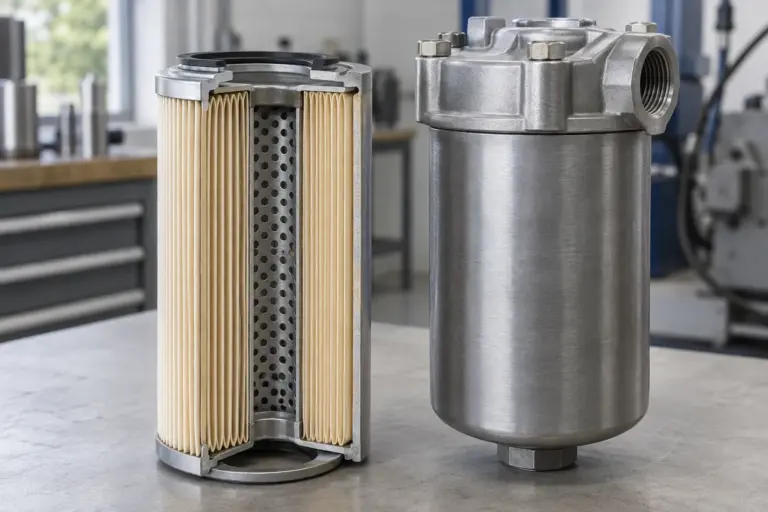 A cut-open hydraulic filter element showing pleated filter material next to a filter housing on a light surface