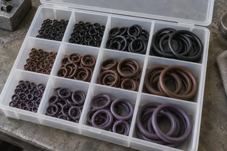 An assortment of black, brown and purple rubber O-rings of different sizes sorted in an open compartment box