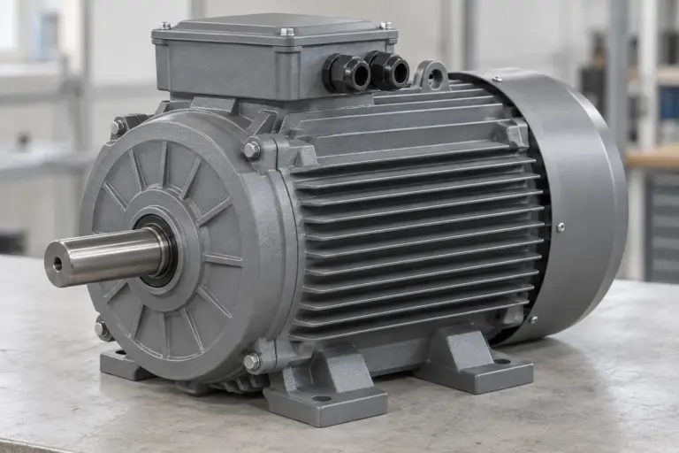 A modern grey three-phase industrial electric motor with cooling fins on a light background