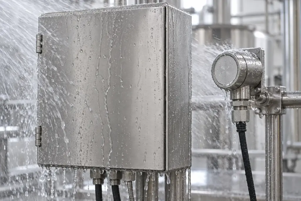 Edelstahl-Schaltkasten und abgedichteter Sensor mit Kabelverschraubung unter Wasserstrahl in einem sauberen Produktionsbereich