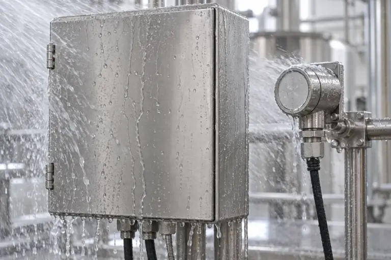A stainless steel electrical enclosure and a sealed sensor with cable gland being sprayed with water in a clean production area