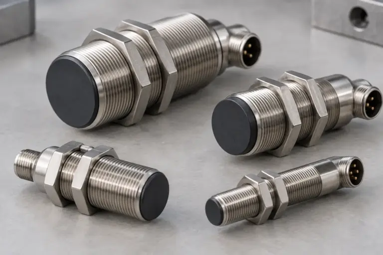 Several cylindrical industrial proximity sensors with threaded metal housings and M12 connectors on a light grey surface