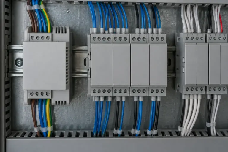 A row of industrial controller modules with input and output terminals on a DIN rail in a control cabinet, no readable labels