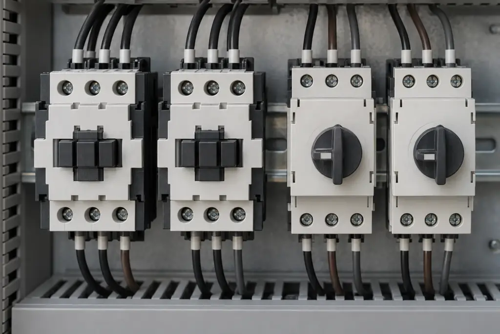 Contacteurs industriels et disjoncteurs de protection moteur montés côte à côte sur rail DIN dans une armoire électrique
