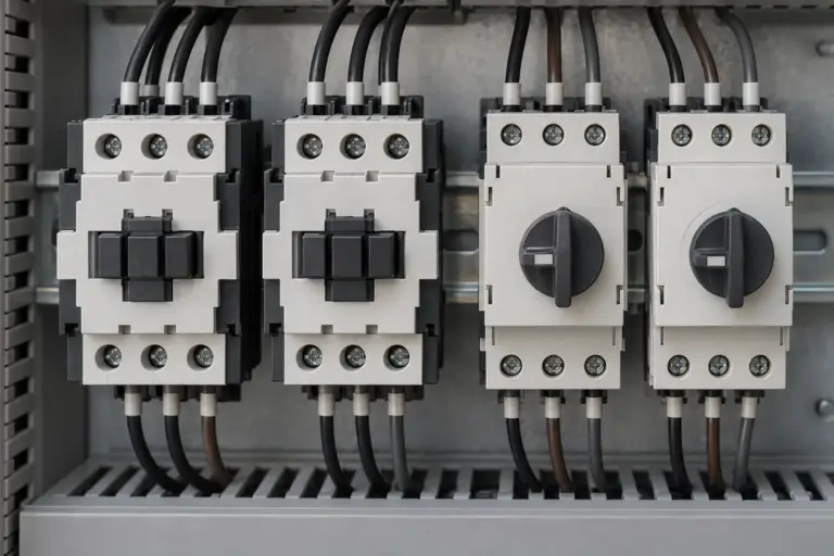 Industrial contactors and motor protection circuit breakers mounted side by side on a DIN rail in a control cabinet