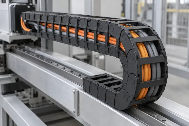 A plastic cable carrier chain filled with flexible orange and grey cables on a machine axis