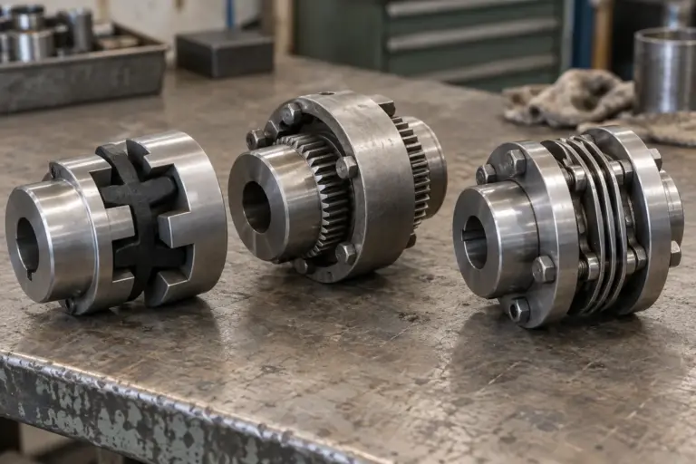 Three industrial shaft couplings, a jaw coupling with elastomer spider, a gear coupling and a disc coupling, on a workbench