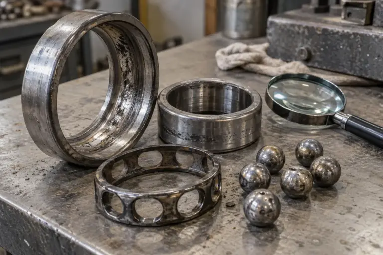 A dismantled rolling bearing with visible wear marks on the raceway next to a magnifying glass on a workbench