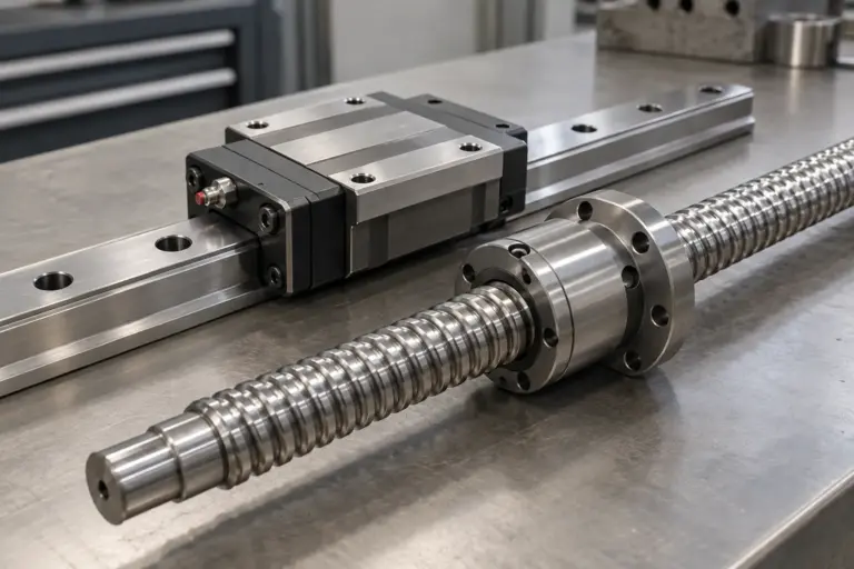 A steel profile rail with a linear guide carriage next to a ball screw with nut on a clean workbench