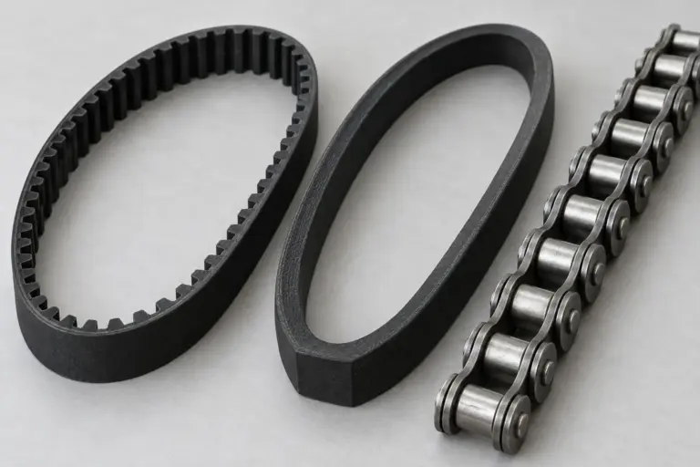 A toothed belt, a V-belt and a section of steel roller chain laid out side by side on a light grey surface