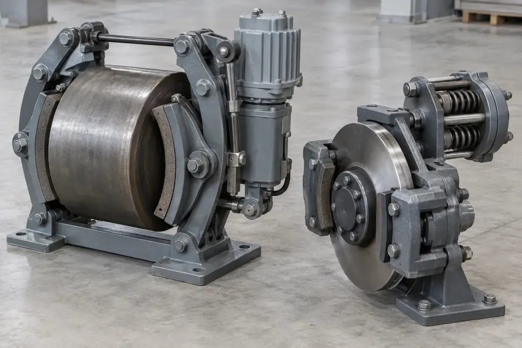 An industrial drum brake with brake shoes and an electro-hydraulic thruster next to a spring-applied disc brake, on a light floor