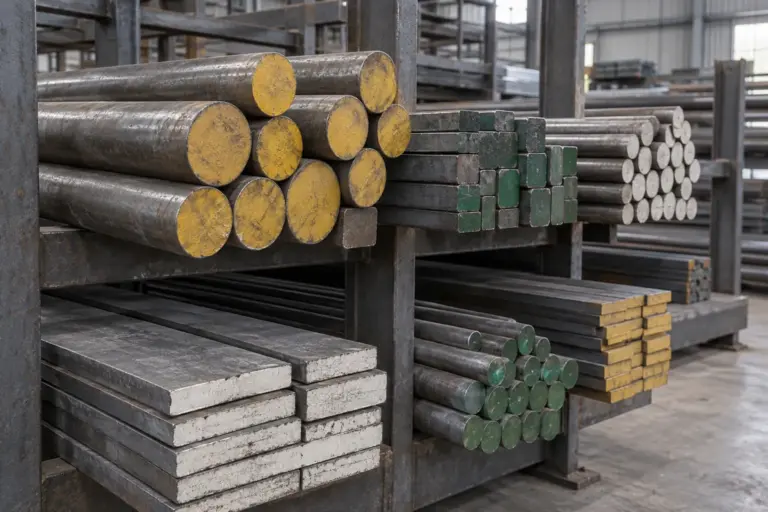 Steel bars of different grades with coloured paint marks on their ends lying on a rack in a steel warehouse