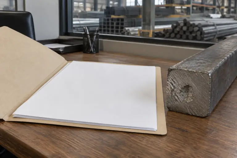 A folder with blank certificate documents and a stamped steel bar end on a desk in a steel warehouse office, no readable text