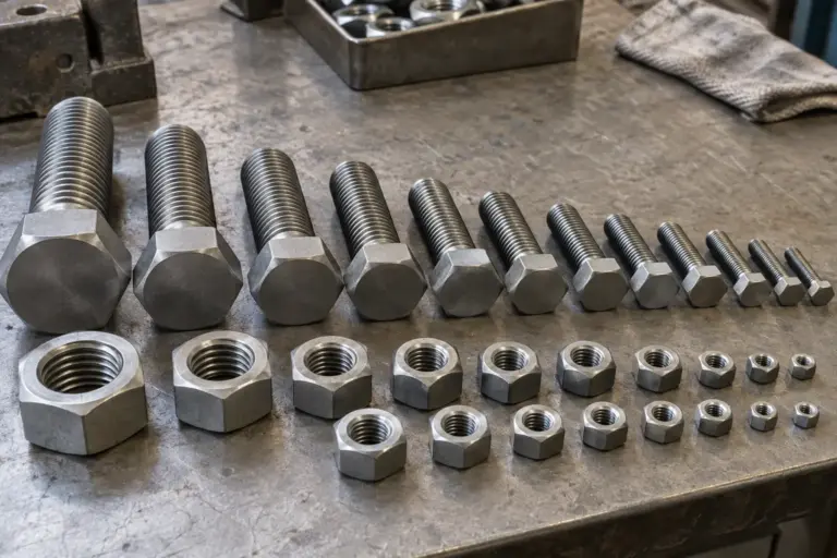 High-strength hexagon head bolts and nuts of different sizes sorted on a workbench, heads without readable markings