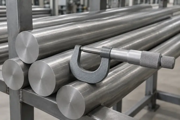 Bright drawn and ground steel round bars with a micrometer gauge on a clean steel rack
