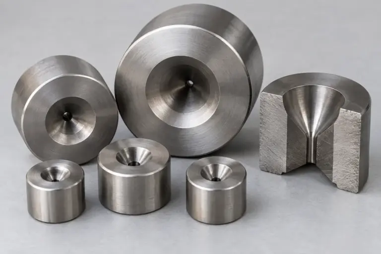 Several wire drawing dies in steel casings of different sizes on a light grey surface, one die cut open showing the conical bore