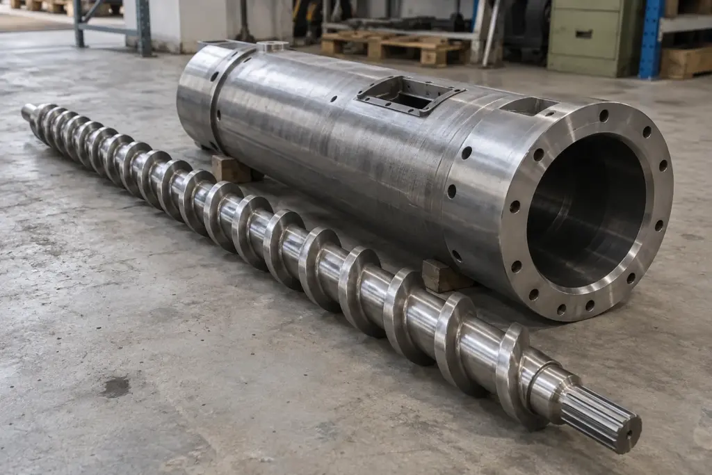 Longue vis d'extrudeuse à filets hélicoïdaux posée à côté d'un tronçon de fourreau d'extrudeuse au sol d'un atelier