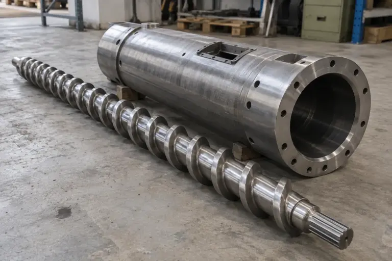 A long extruder screw with helical flights lying next to an extruder barrel section on a workshop floor