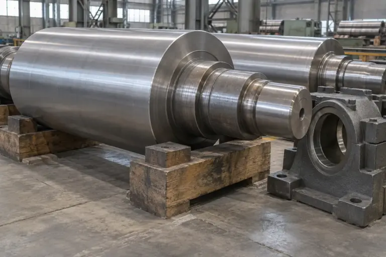 Large steel mill work rolls resting on wooden supports in a roll shop next to a bearing chock