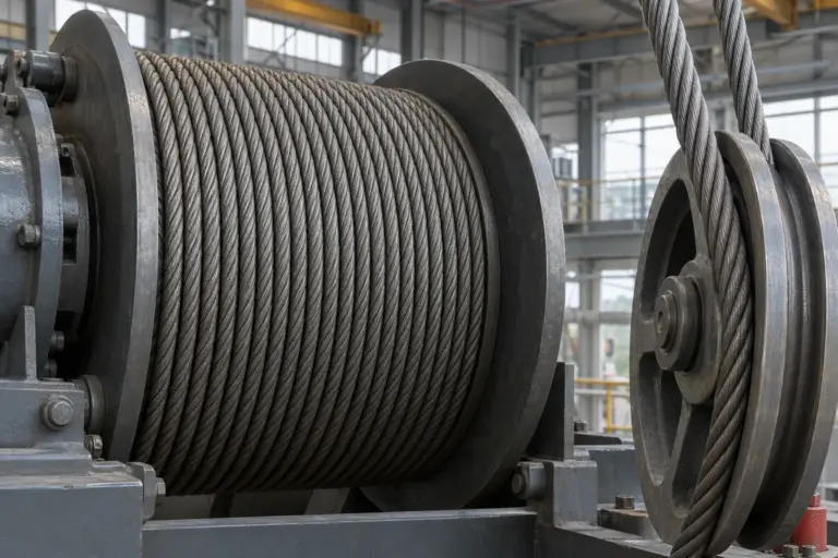 A steel wire rope wound on a crane drum next to a grooved rope sheave in an industrial hall