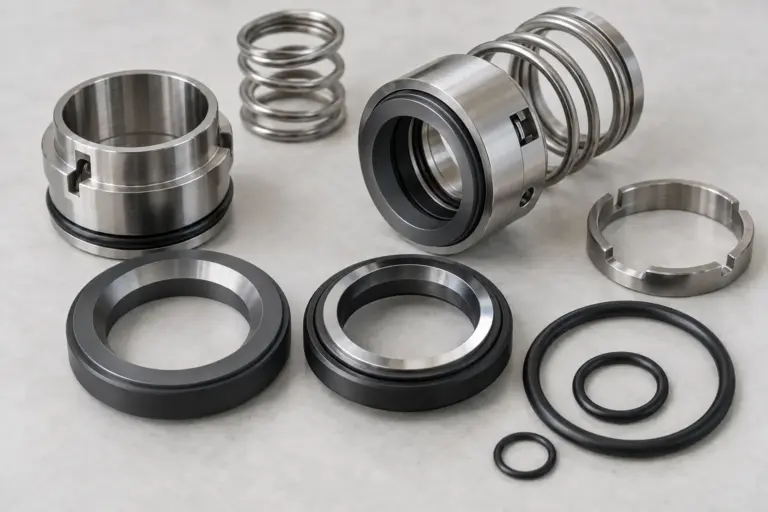 A disassembled mechanical seal for a centrifugal pump with seal faces, springs and O-rings laid out on a light surface