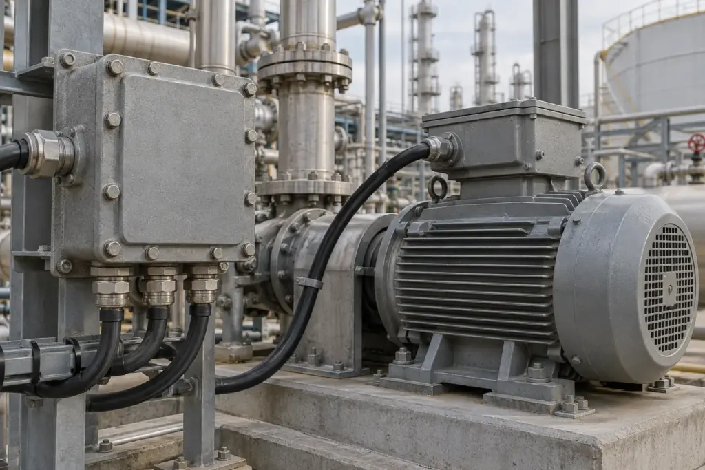 An explosion-proof junction box and an explosion-proof motor in a petrochemical plant with pipes in the background, no readable labels