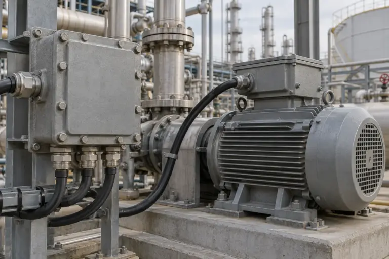 An explosion-proof junction box and an explosion-proof motor in a petrochemical plant with pipes in the background, no readable labels