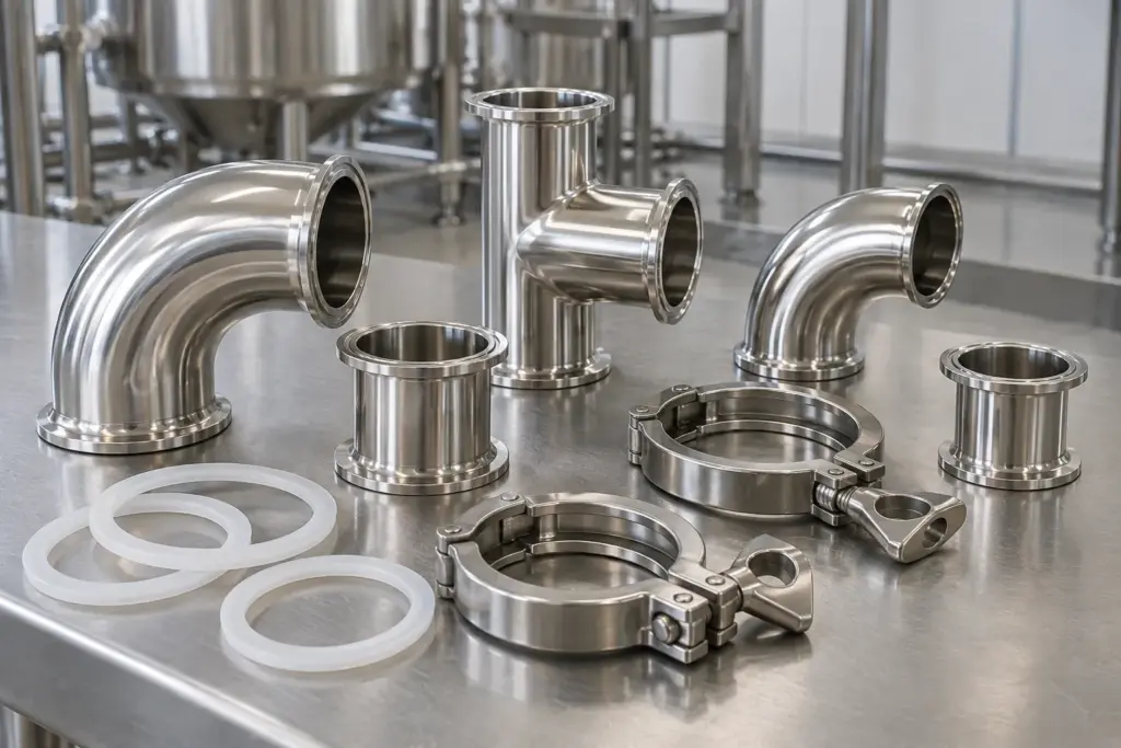 Polished stainless steel hygienic pipe fittings, clamps and white food-grade seals on a clean stainless table