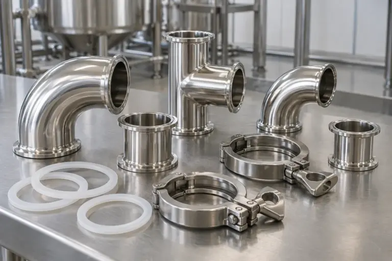 Polished stainless steel hygienic pipe fittings, clamps and white food-grade seals on a clean stainless table